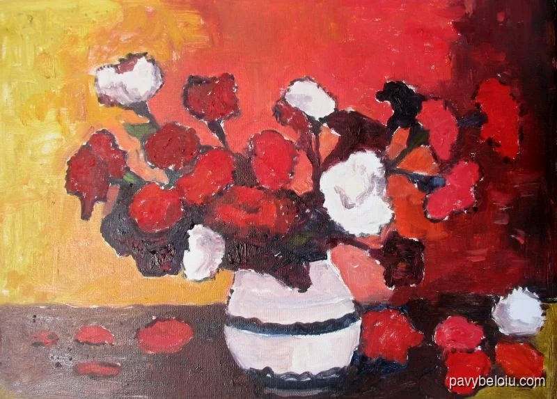 white vase with red carnations